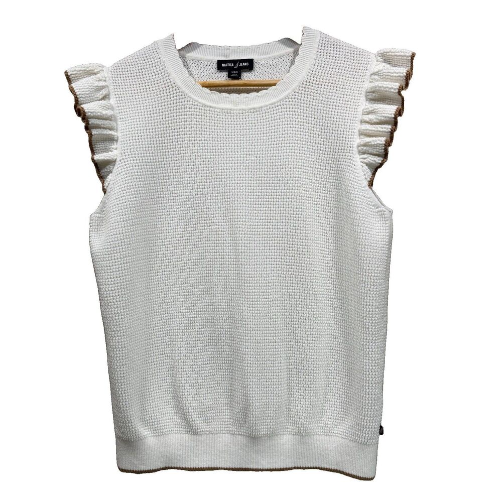 NAUTICA JEANS Women's Size L Crocheted Round Neck Ruffled Sleeveless Top Cream